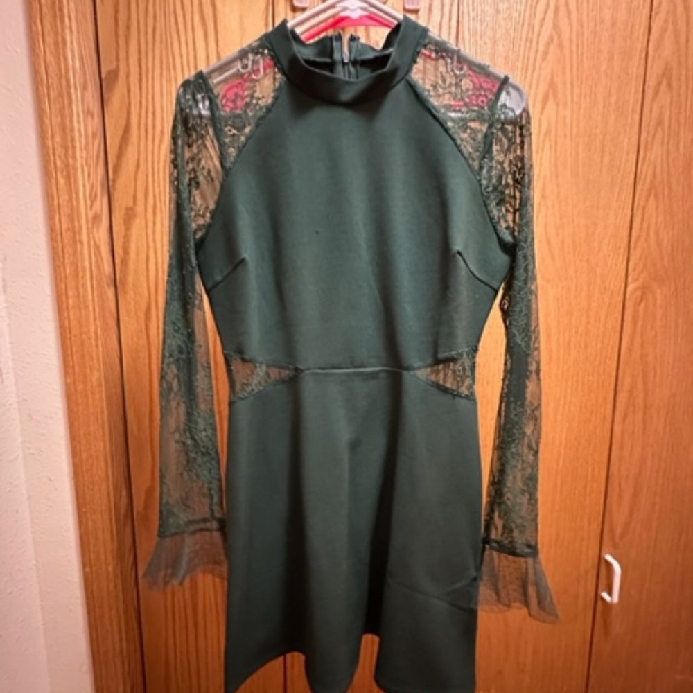 Bragging Rights Forest Green Lace Long Sleeve Skater Dress, M